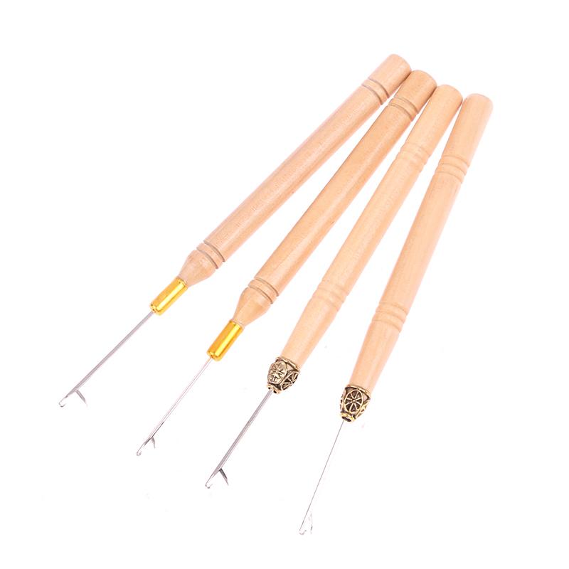 2Pcs Wooden Handle Hook Needle Lace Wig Making Knitting Micro Ring Loop Hair Extension Weaving Crochet Hook Needle Tools