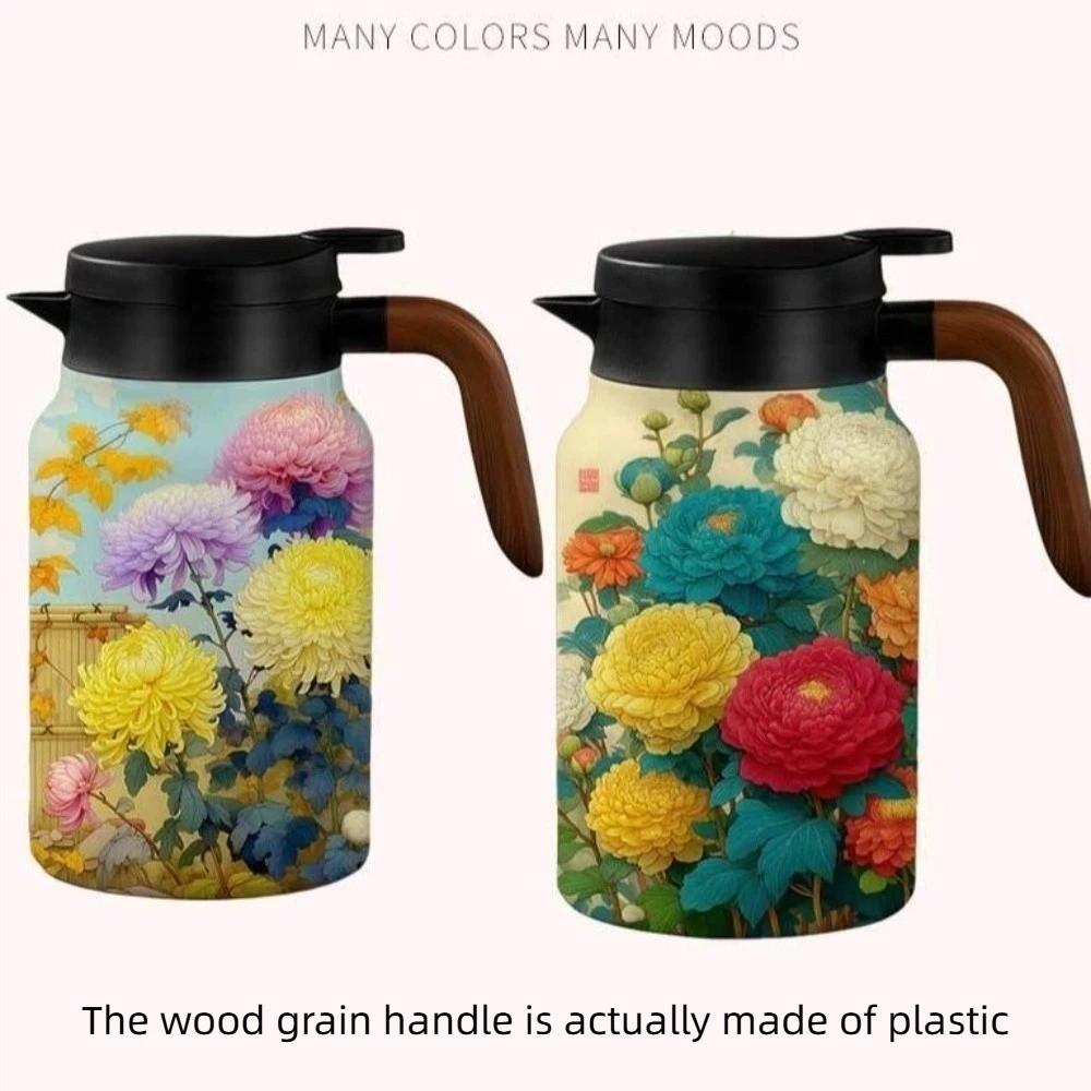 Chinese Style Retro Flower Insulated Kettle Hot Water Stainless Steel Vacuum Flask Vintage Floral Printing Water Cup for Outdoor