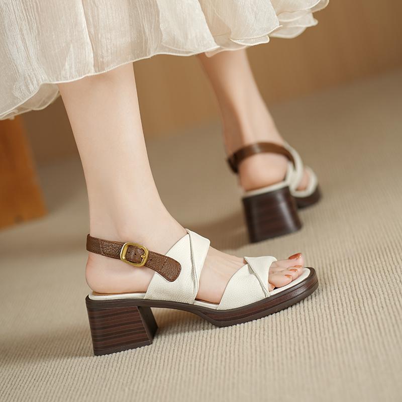 Fashion Retro Genuine Leather Women Sandals 2025 Summer New Shoes Open Toe Rome Style High Heels Fashion Buckle Gladiator Shoes Woman