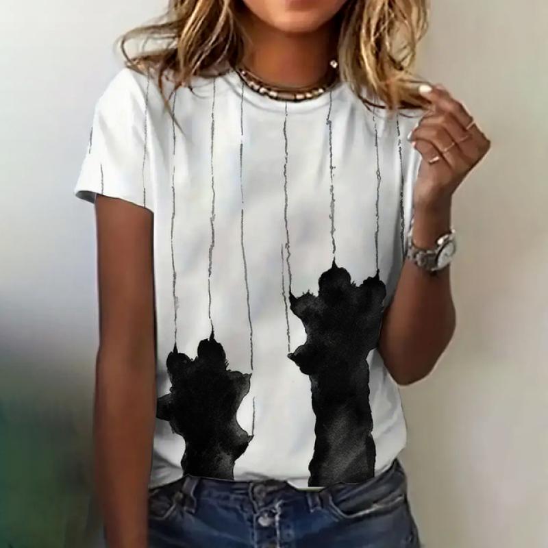 Женская футболка с принтом кота, летняя одежда с круглым вырезом и коротким рукавом, свободный повседневный топ с милым принтом, женская модная футболка с коротким рукавом