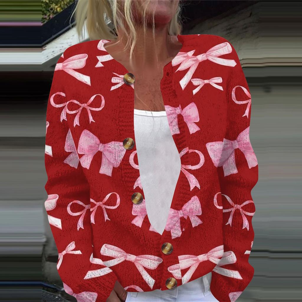 Женская мода с принтом банта, длинный рукав, вязаный кардиган, куртка на пуговицах