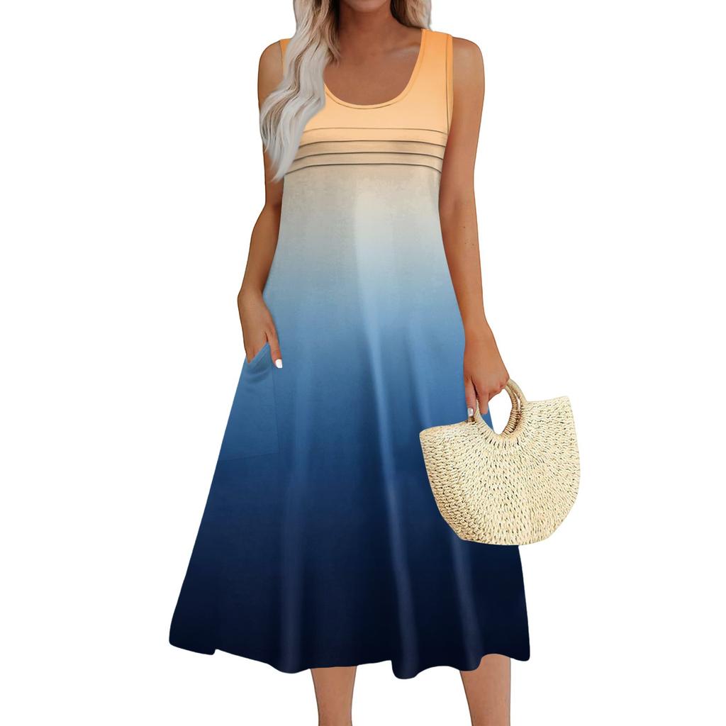 Женское модное пляжное платье без рукавов с круглым вырезом и карманами, длинные платья с градиентом