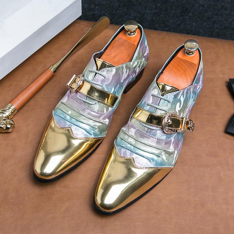 Fashion New Men's Pointed Gold Fold Patchwork Loafter Patent Leather Casual Shoes Male Formal Wedding Dress Homecoming Zapatos Hombre