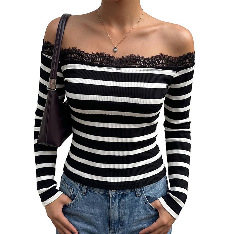Women Off Shoulder Crop Top Y2k Long Sleeve Lace Trim Ribbed Knit Shirt Stripe Slim Fit