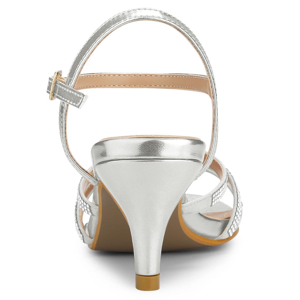 Сандалии женские [Allegra K] на ремешке на щиколотке, на каблуке-рюмочке со стразами, серебристые, 26.0см