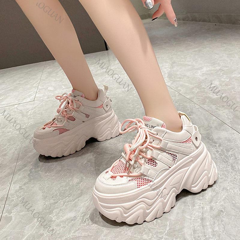 Fashion Spring Summer Thick Bottom Daddy Shoes Female Mesh Breathable Height Increase Hollow Casual Sneakers Mixed Color Platform Tenis