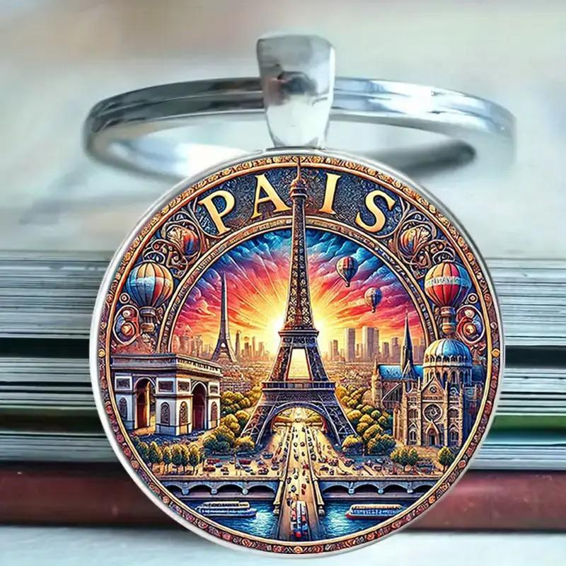 Paris Sunset Scene Keychain With Glass Pendant For Gift And Decoration