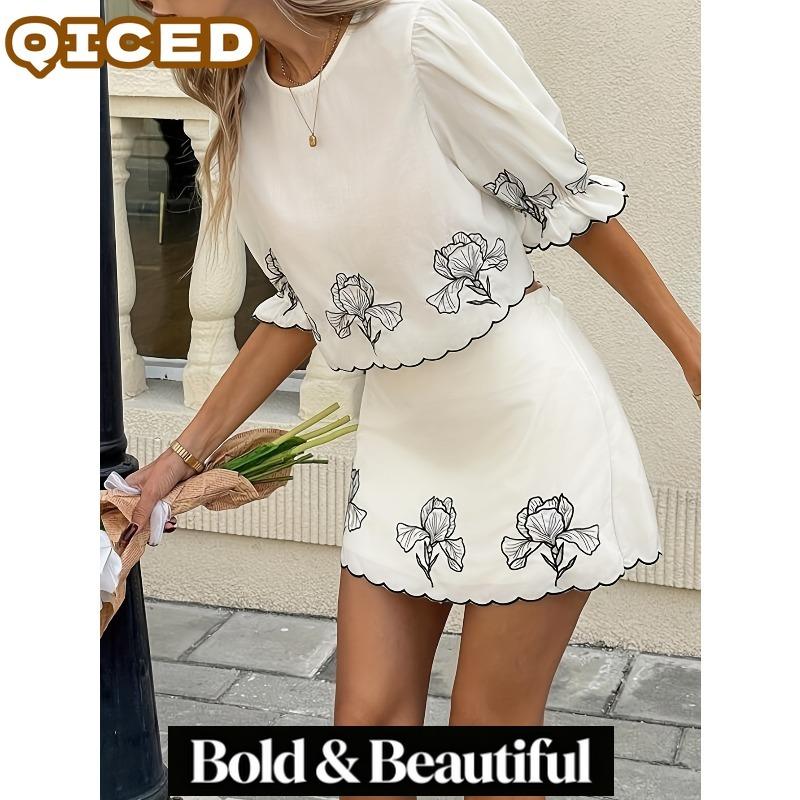 QICED Женские модные повседневные костюмы с коротким рукавом и круглым вырезом