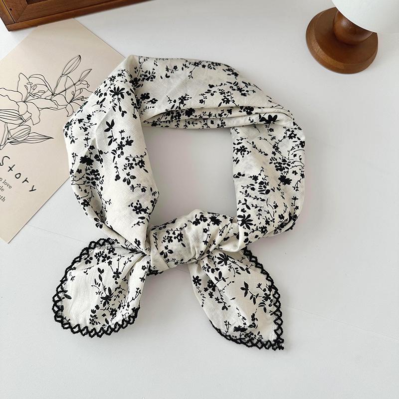 70% Cotton Linen Small Square Silk Scarf - Korean Style Floral Design for Versatile Neckwear and Decorative Use