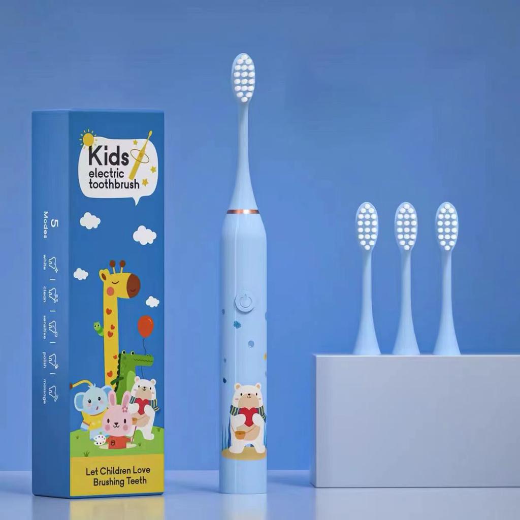 Детская электрическая зубная щетка с аккумулятором, мультяшная, для детей, с 4/6 сменными головками, ультразвуковая, водонепроницаемая, IPX7, звуковая зубная щетка