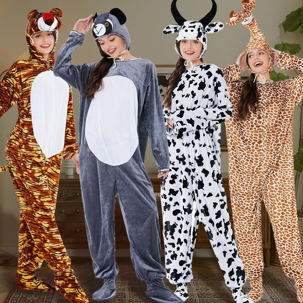 Adult Animal Costume Onesie Halloween Giraffe Tiger Cow Bear Plush Jumpsuit for Men Women Stage Role Play Cosplay Outfit