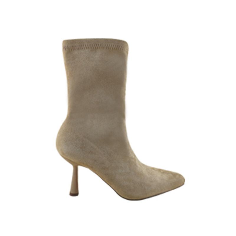 Короткие сапоги на высоком каблуке женские, осень 2024, новые, на тонком каблуке, средние, тонкие сапоги, маленькие квадратные, тонкие, темпераментные, замшевые, эластичные сапоги