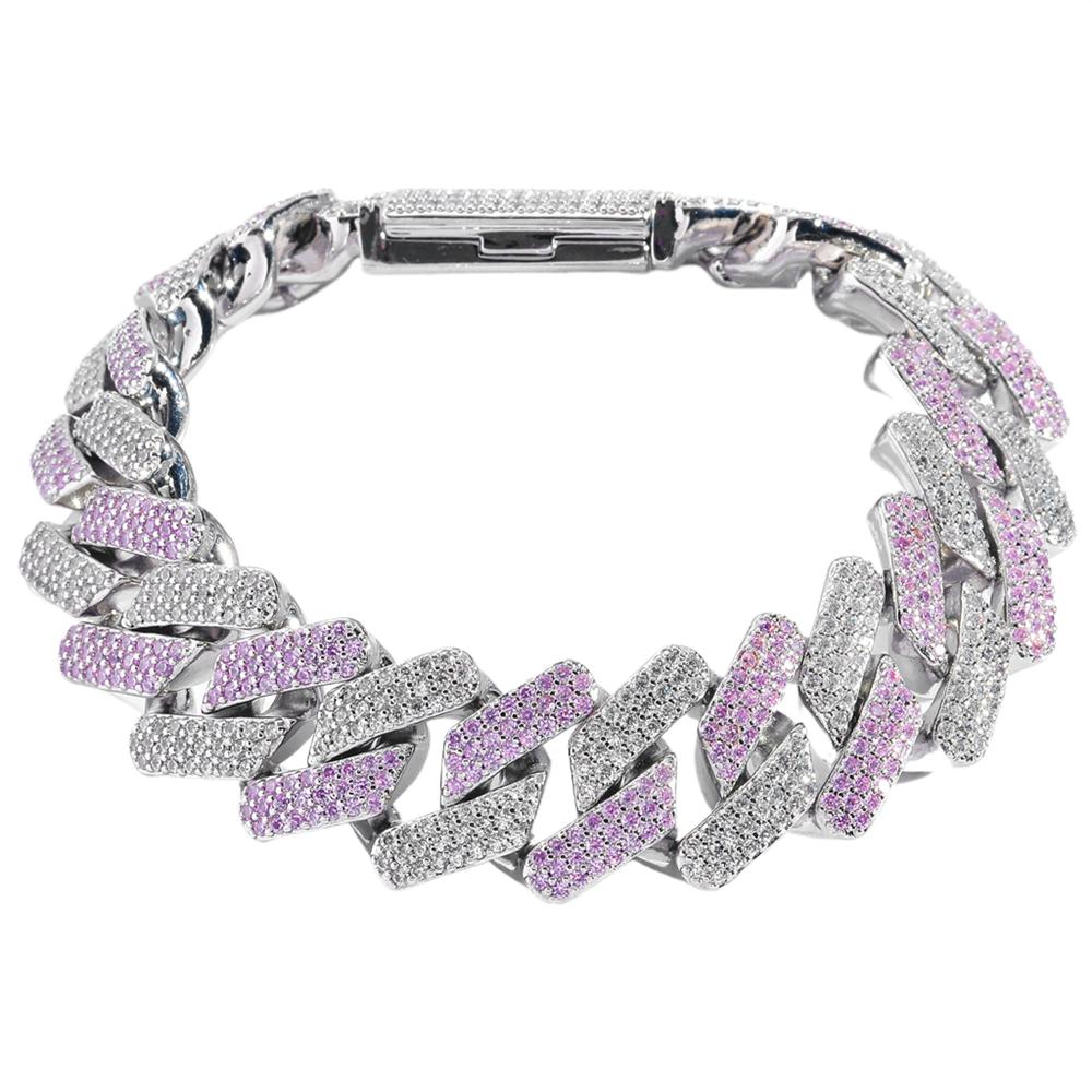 Personalized Hip Hop Jewelry 20mm Bling Iced Out Two Tone Silver and Pink CZ Prong Miami Cuban Link Chain Bracelet
