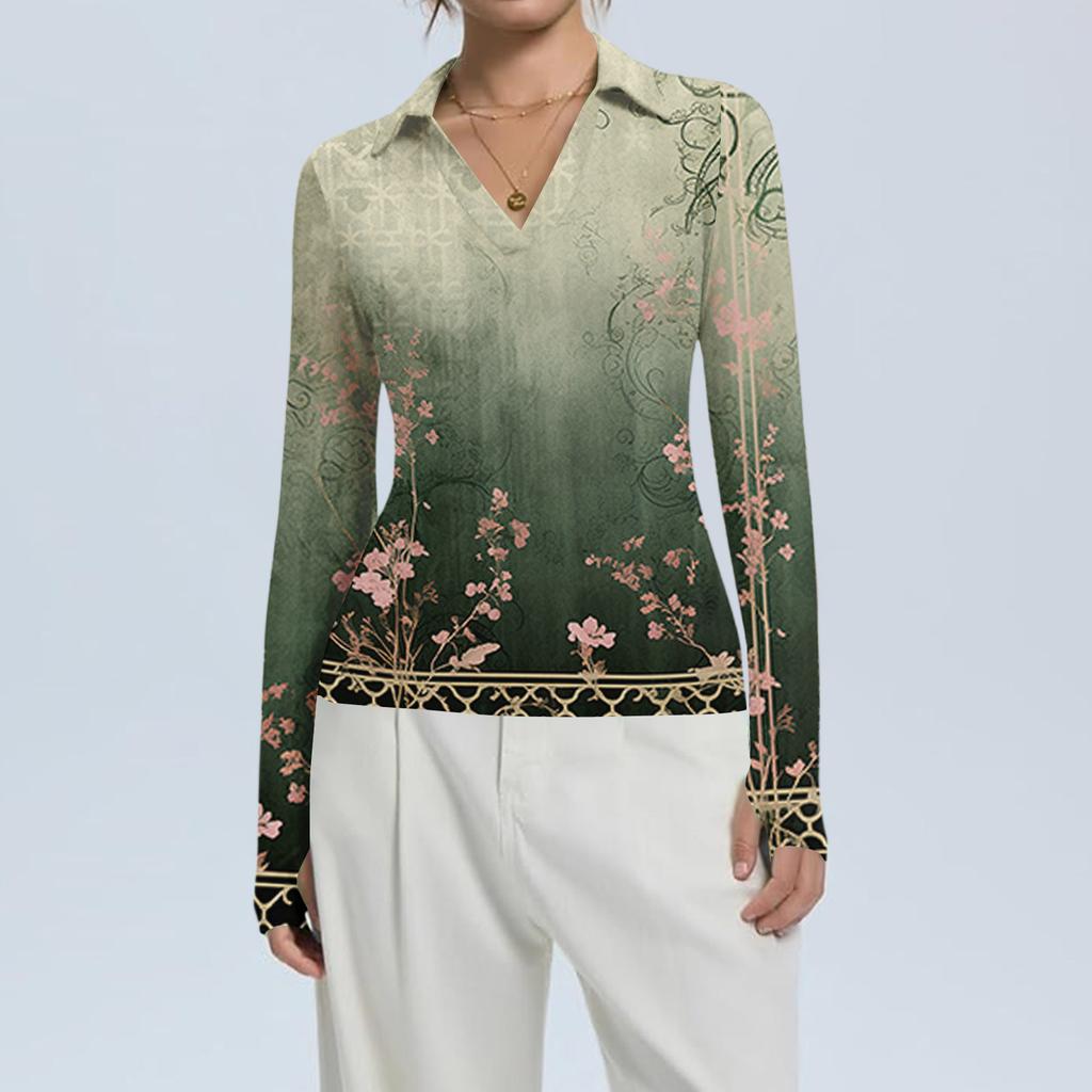 Женская Мода Повседневный Принт V-образный Вырез Длинный Рукав Застежка на Пуговицы Топ