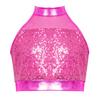 Girls Sleeveless Mock Neck Dance Crop Top Glitter Sequin Patchwork Keyhole Back Design Performance Top