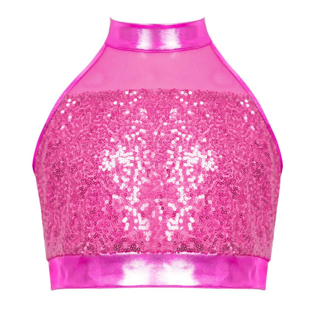 Girls Sleeveless Mock Neck Dance Crop Top Glitter Sequin Patchwork Keyhole Back Design Performance Top