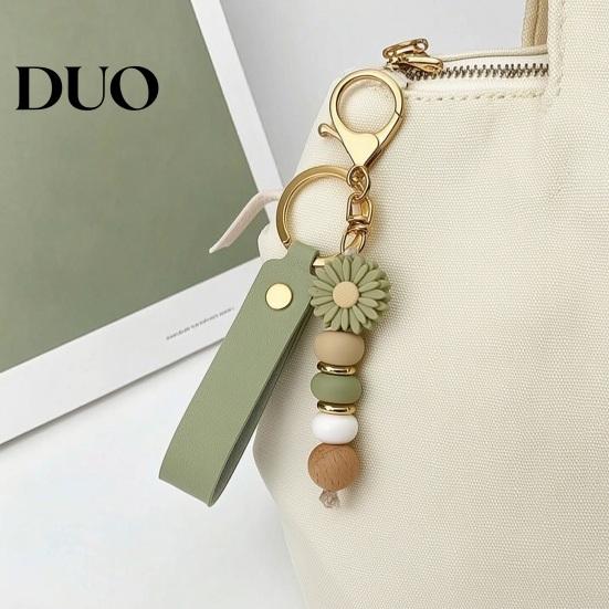 Silicone Bead Wristlet Keychain Flower with Faux Leather Wristlet, Car Key Wood Ring Pendant, Handbag Backpack Charm Beads Decorative