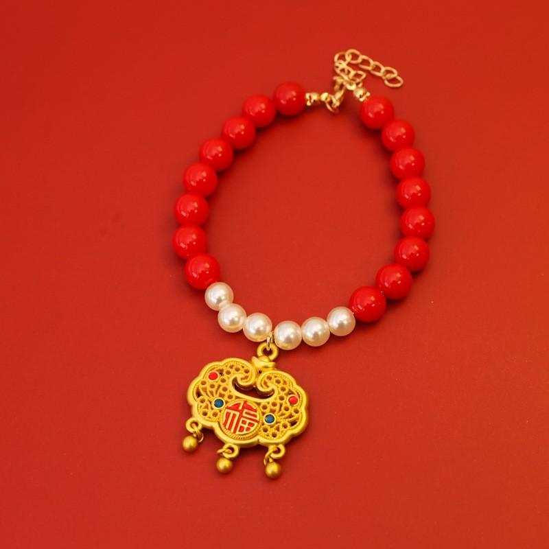 Pet Collar With Gold Plated Longevity Lock Pearl Decoration Cats Dogs New Jewelry
