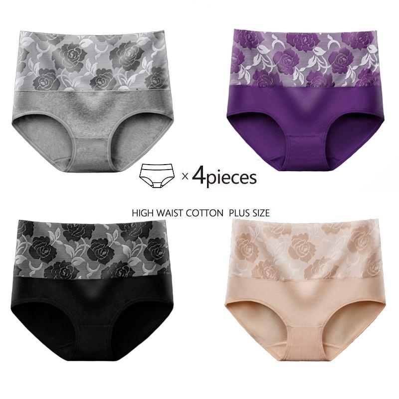 Size 4pcsset L5xl Plus Women Cotton Panties High Waist Big Stretchy Underwear Breathable Ladies Underpants