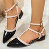 2025Ankle Strap Cut Out Studded Patent Leather Flats T-Strap Buckle Walking Soft Women Shoes Travel Size Sandals