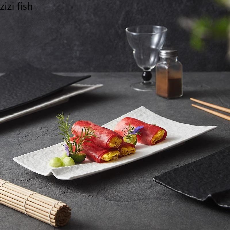 Solid Color Stone Pattern Ceramic Sushi Plate Irregular Long Strip Plate Sashimi Plate Dessert Dish Molecular Cuisine Tableware
