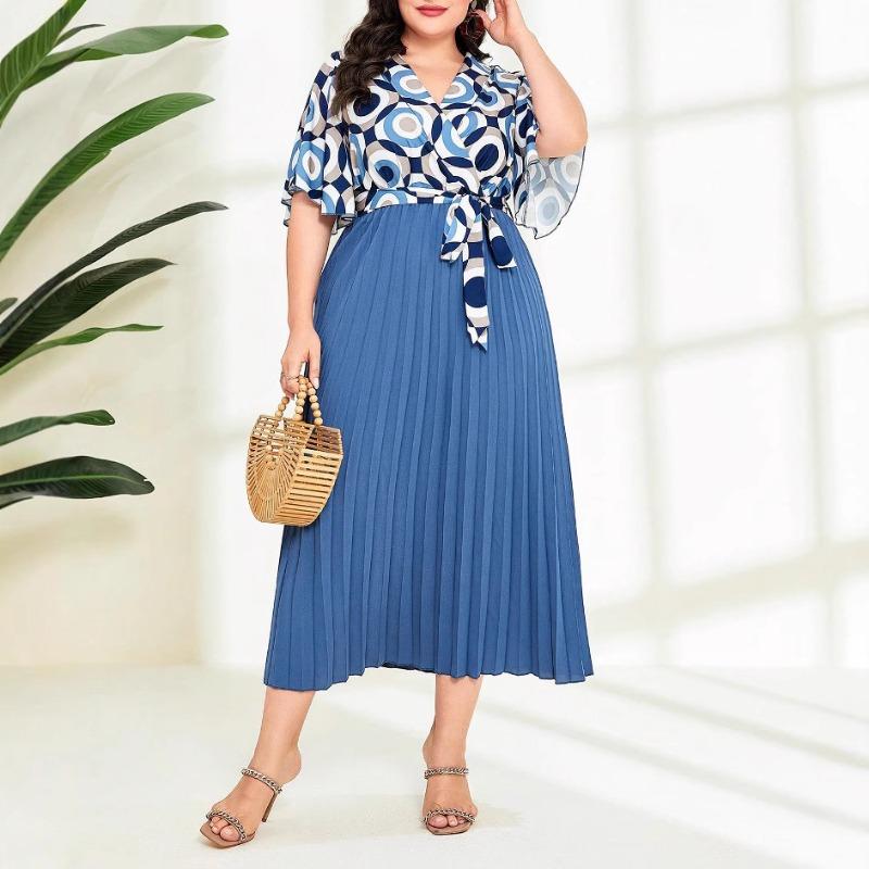 Plus Size Women's Summer New Elegant Temperament Patchwork Pleated Skirt Strap Short Sleeved Dress