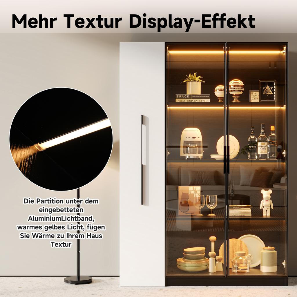 Multifunctional Cabinet 110.5×35×160 cm - Display Cabinet with Glass Door and LED, Side Pull-Out - Design in White and Black, Tall Cabinet