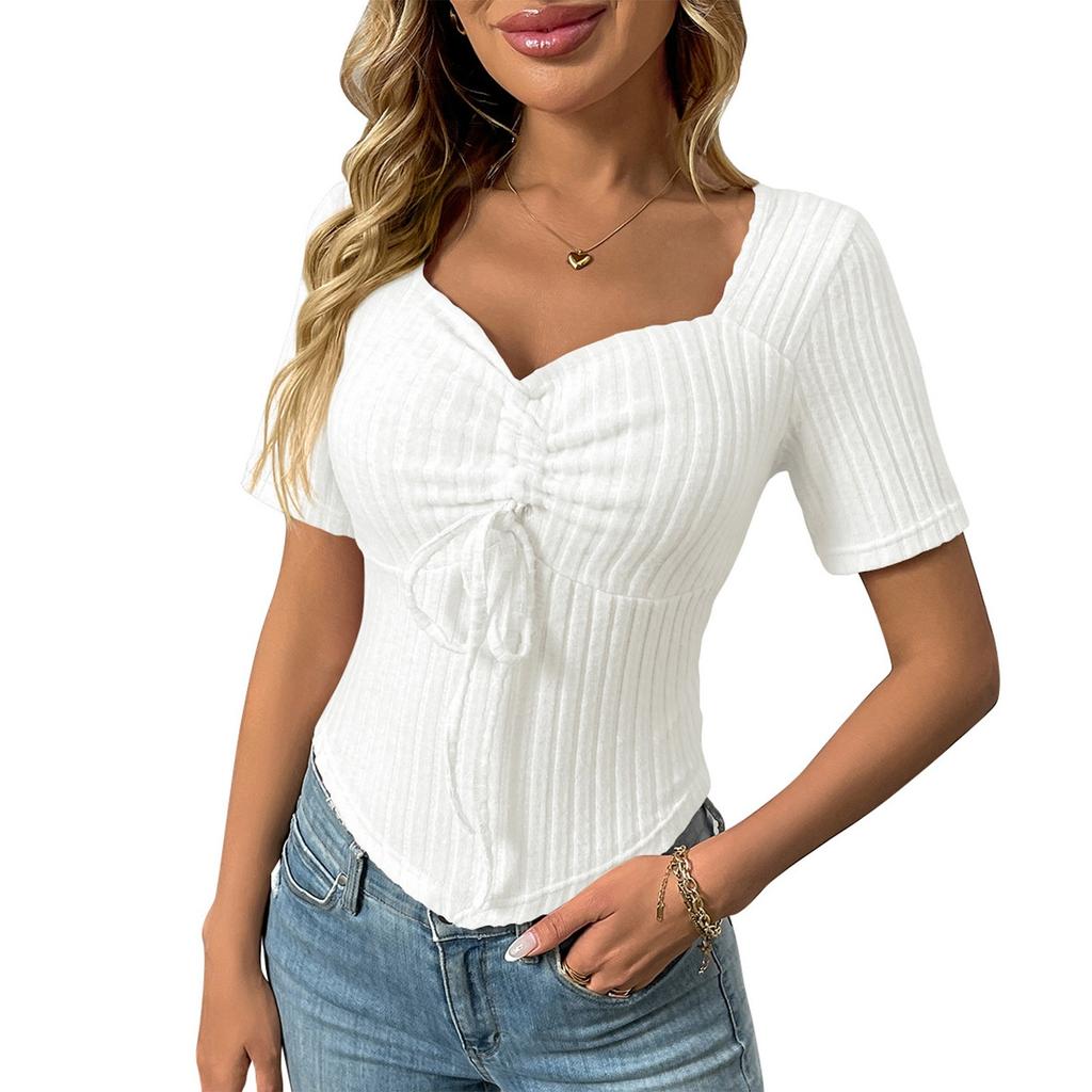 Женская мода однотонный V-образный вырез плиссированный шнурок сексуальный короткий рукав топ