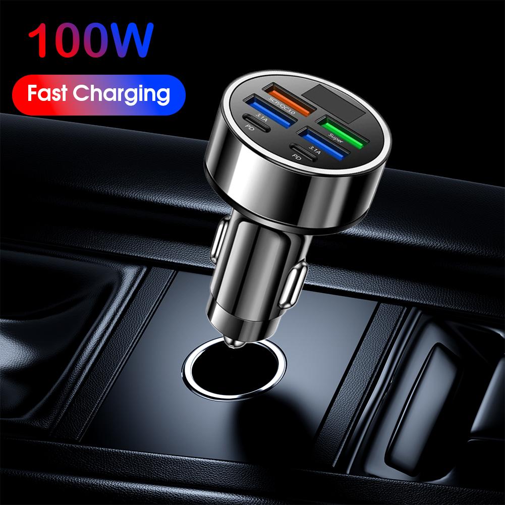 100W PD Car Charger With digital display Fast-charging 6-in-1 Car Cigarette Lighter Plug Car Charger Flash Charge Adapter
