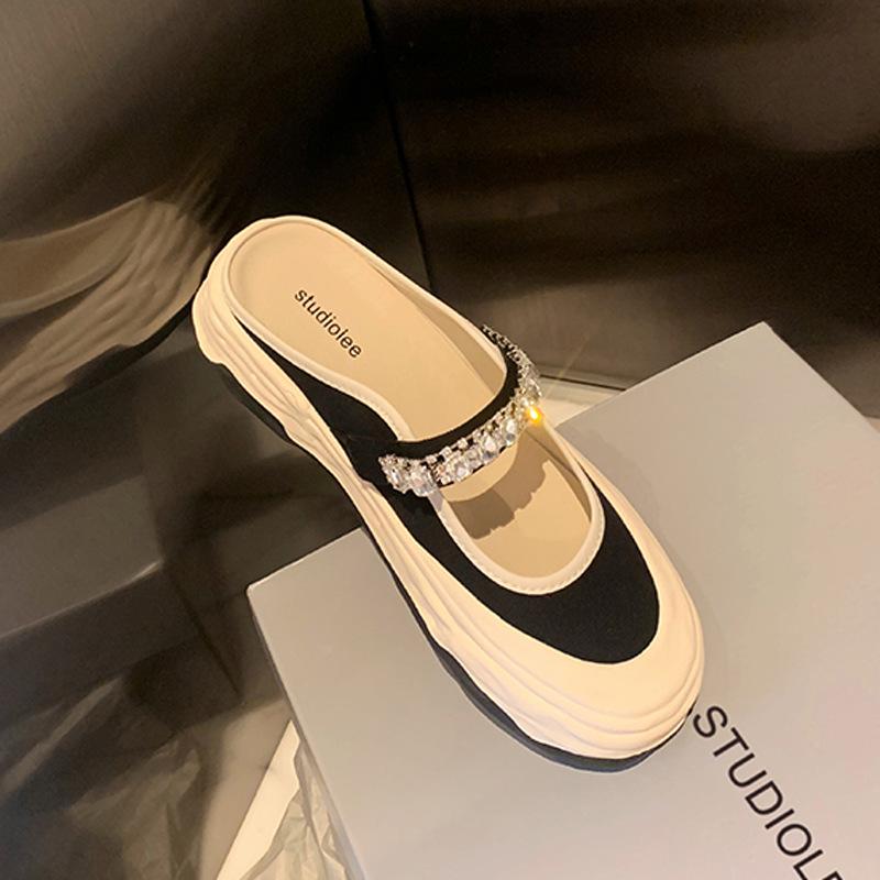 Галерея Обувь для девочек из парусины Женские туфли со стразами и липучками, с круглой головкой, неглубокие, полуперетягивающиеся, повседневные туфли на платформе