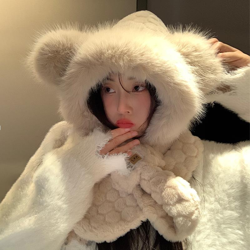 Плюшевая шапка-медведь женский зимний шарф интегрированный теплый утолщенный шарф милый холодный зимний защита ушей комплект из двух предметов