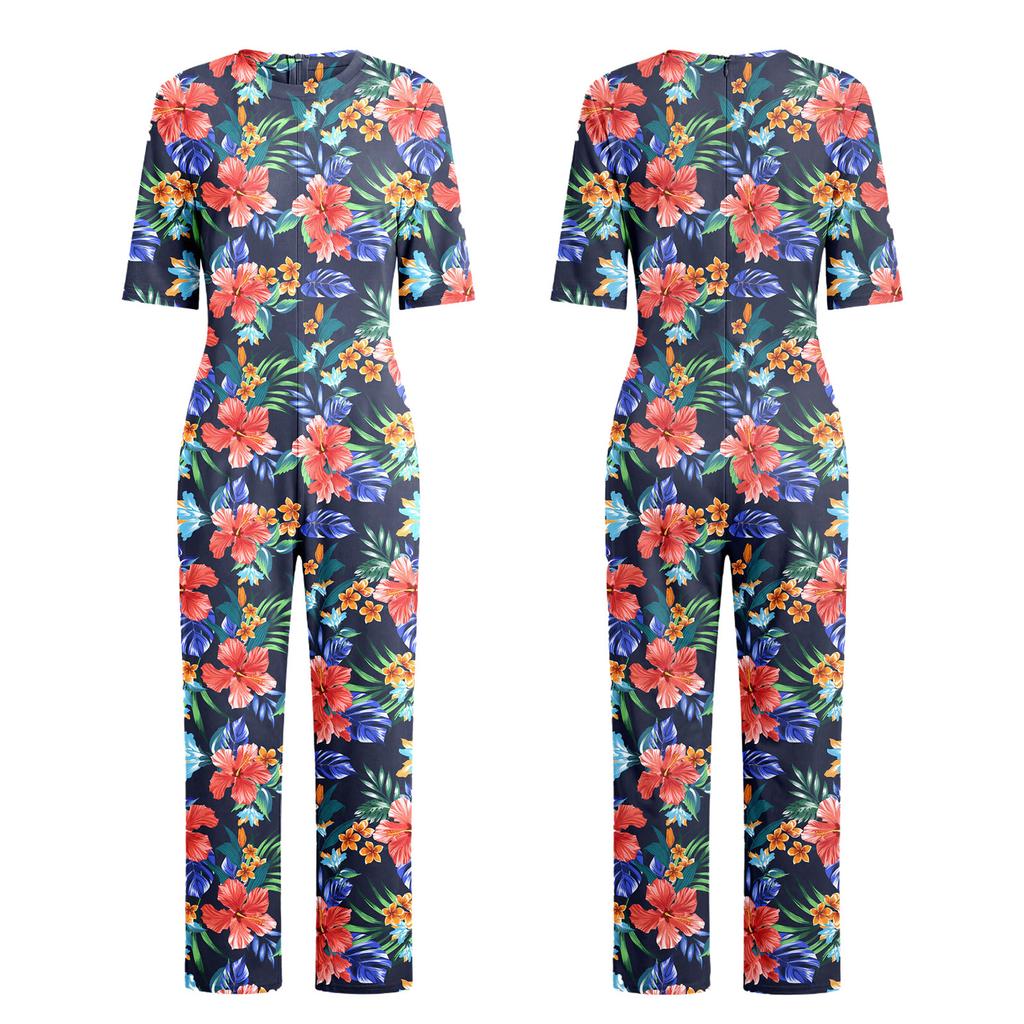 S-3XL Womens Elderly Nursing Floral Print Jumpsuit Short Sleeve Back Zipper Lounging-style Anti-strip Adaptive Rompers for Alzheimer Special Needs
