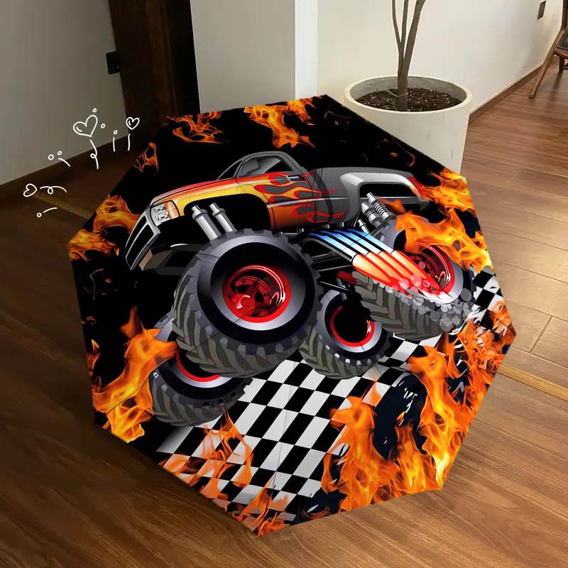 1pc Monster Truck, Flames Themed High-quality Umbrella,Automatic Opening and Closing Umbrella,Multi-functional Umbrella G0811261