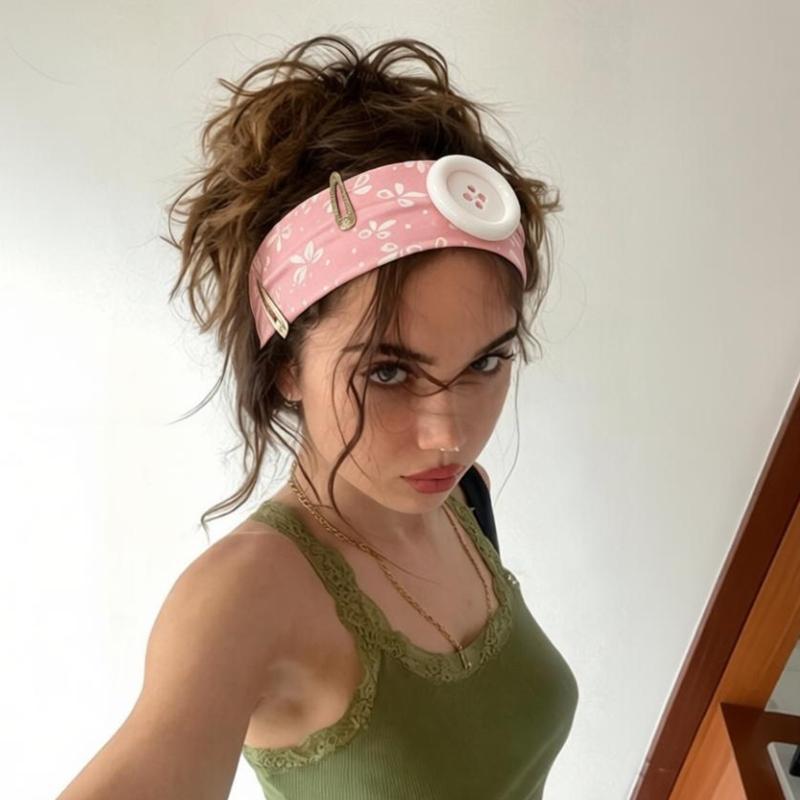 Retro Ins Style Cute Print Button Headband Fashion Women Y2K Sweet Cool Hair Accessories Cute Sweet Dating Hair Band