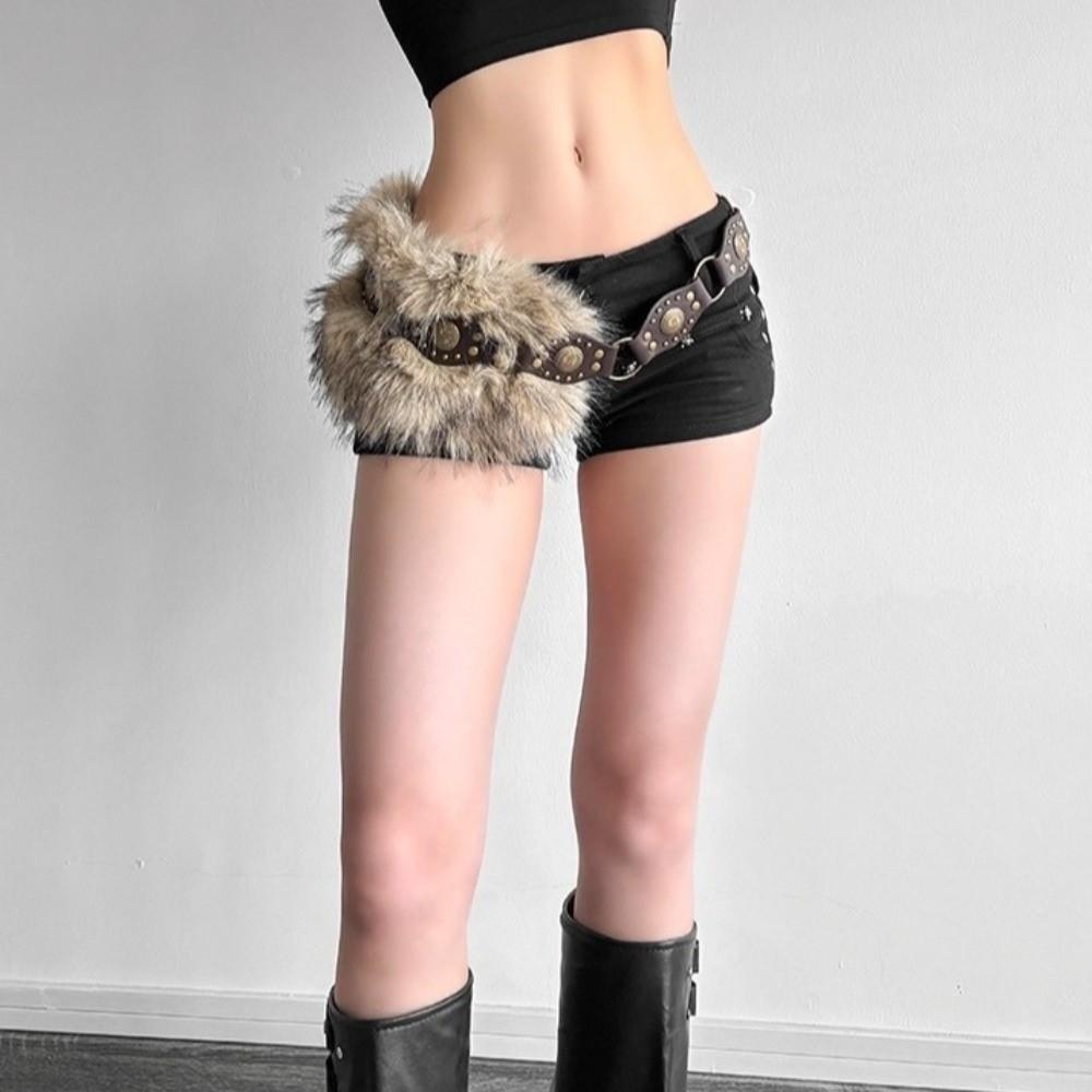Studded Design Waist Chain Faux Fur Fur Waistband Fashion PU Leather Fur Belt Women's Accessories