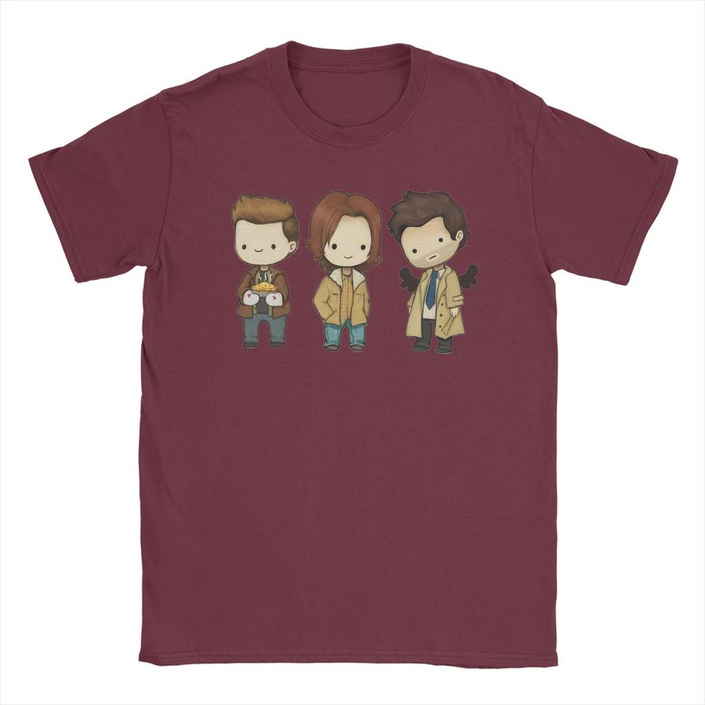 Мужская футболка Sam Dean Castiel Supernatural Chibi Футболка ТВ-шоу 100% Хлопок Одежда Футболка с круглым вырезом Новое поступление Футболка