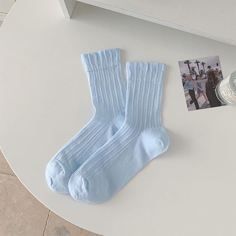 Женские носки в корейском стиле, летние, хлопковые, тонкие, дышащие, средней длины, однотонные, белые, серые, розовые, голубые, желтые, длинные носки, носки