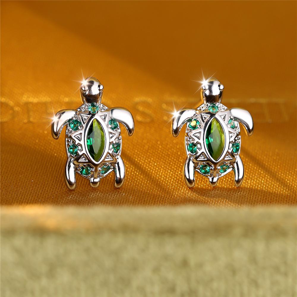 Cute Female Green Turtle Zircon Stone Stud Earrings Silver Color Dainty Gift Wedding Jewelry For Women