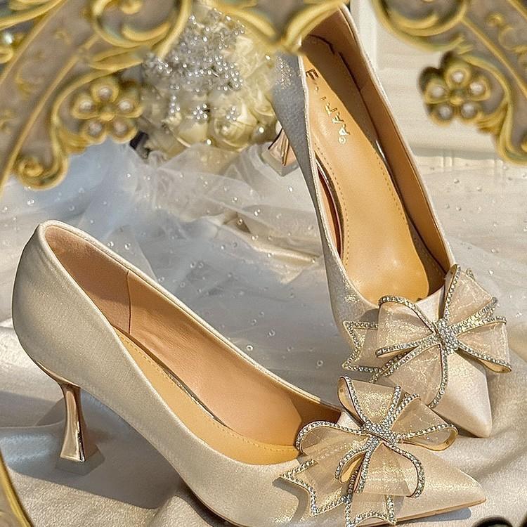 Новые атласные туфли-босоножки с бантом из стразов на высоком каблуке-шпильке в сказочном стиле, римские туфли