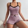 2 Pcs/Set Women Summer Pajamas Suit Shirring Edge Sleeveless Backless Crop Top Lace Bow Decor High Waist Mini Shorts Daily Nightie Slim Fit Sleepwear