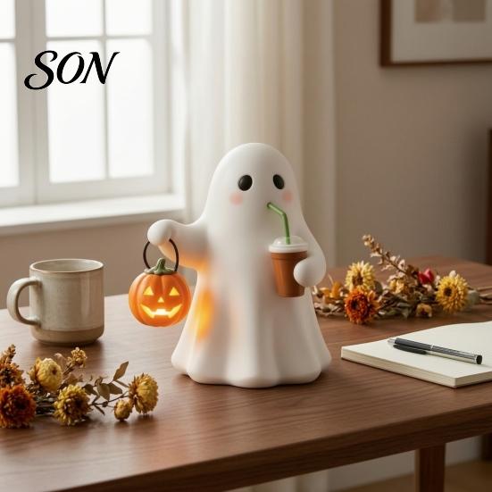 Home Living Room Accents Cute Ghost Halloween Figurine with Light Up Pumpkin, Resin Night Unique Office Desk Decoration Tabletop Decor, Funny Desktop