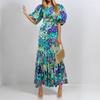 New Women's Elegant and Elegant Printed Slim Round Neck Pleated Waist Dress