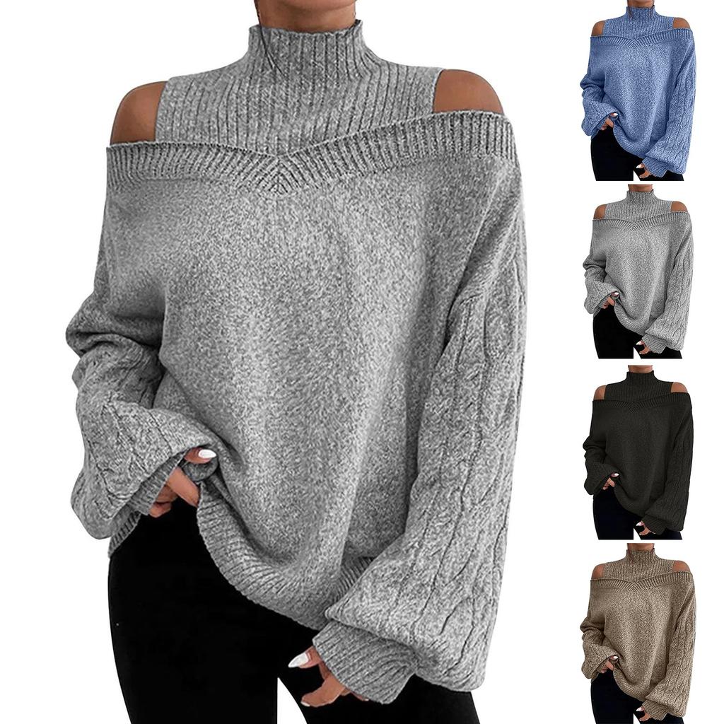 Women's Fashion Off-shoulder Sweater Pullover Loose Half-high Collar Long Sleeve Knit Cardigan