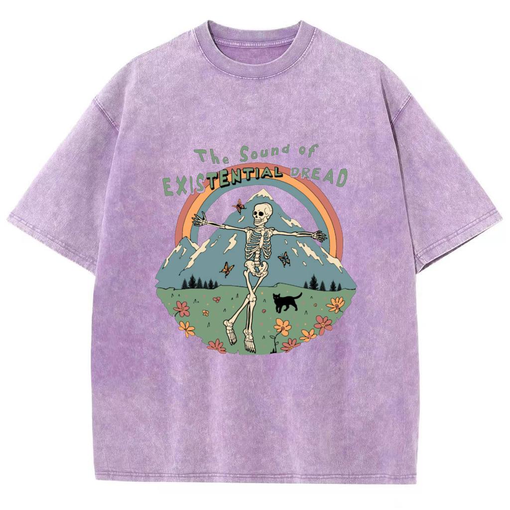 Skull Landscape Print Washed T-Shirt Large Couple Loose Wash Short Sleeve Medium Sleeve Crew Neck Dropped Shoulder