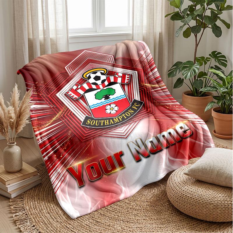 Southampton FC Custom Name Text Flannel Blanket Soccer Logo Personalized Fleece Throw Blanket Special Gift For Sofa Bedroom Home