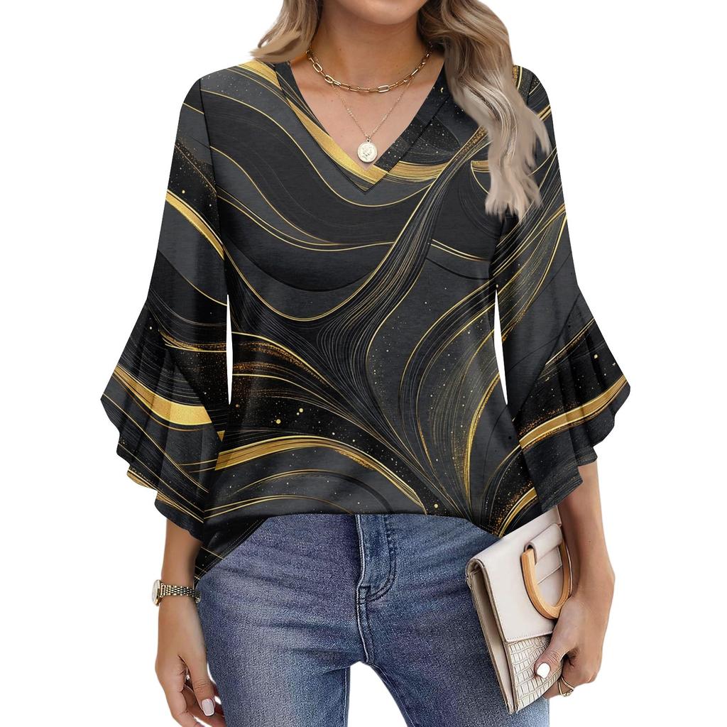 Блузки для женщин нарядные повседневные рукав 3/4 женские топы футболки с V-образным вырезом рубашки с расклешенным рукавом