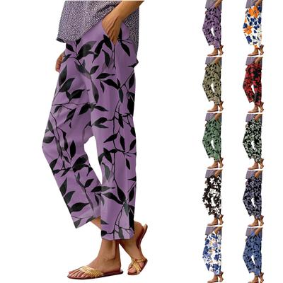 Женские модные повседневные брюки с цветочным принтом, прямые брюки с карманами и эластичной талией