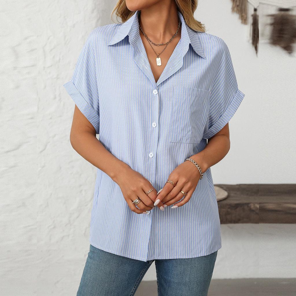 Women's Fashion Loose Collar Short Sleeved Pocket Striped Shirt Casual Top