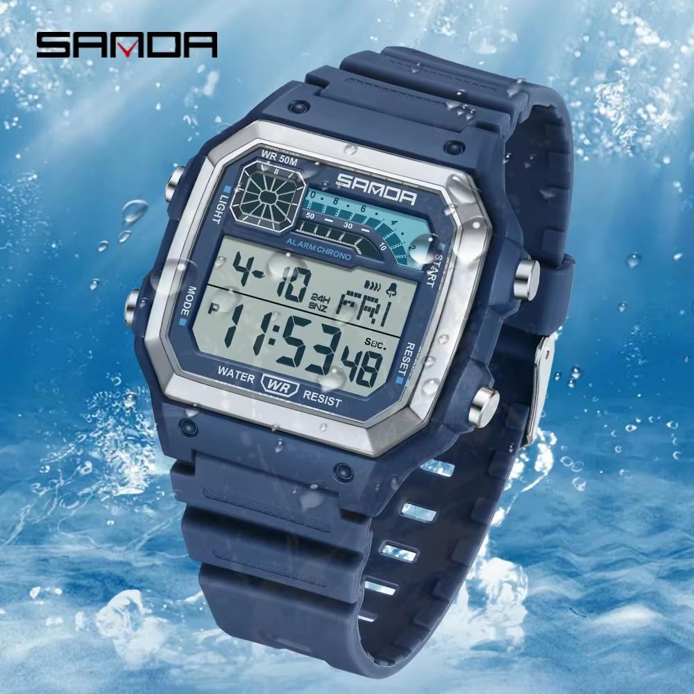 SANDA 6196 Мужские наручные часы LED Цифровые Кварцевые Двойной дисплей Новый тип Спортивные Будильник Мужские часы 50M Водонепроницаемые Мужские наручные часы