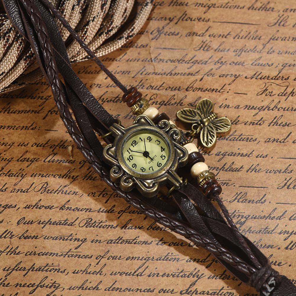Наручные часы с кварцевым аналоговым браслетом из искусственной кожи с подвеской в виде бабочки (Кофейный ремешок)